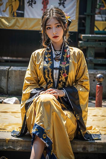 ((masterpiece), (best quality), ultra high res, (raw photo:1.2), (photorealistic:1.4), Exceptional detail, dramatic lighting, highres,   8k, absurdres, 1girl, CN_Girl1,  pretty girl, Daoist_robe, yellow daoist_robe, looking at viewer, cross leg, sitting,
<lora:Daoist_Robe_v2-000003:0.7>,
 <lora:cn_girl-000002:0.5>