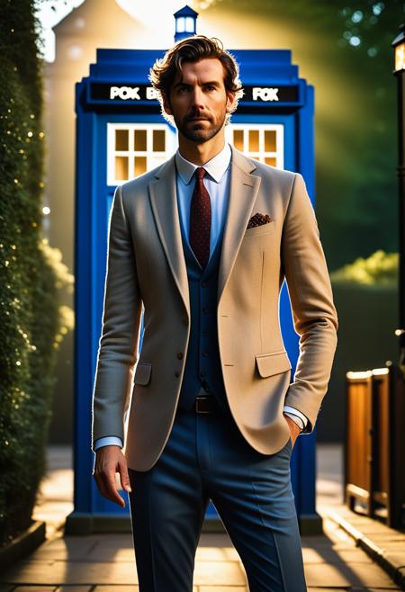 full-body shot of beautiful english man, near a TARDIS, (RAW, analog, Nikon Z 85mm, award winning photograph, ((best quality)), ((masterpiece)), ((realistic)), radiant light rays, highres, detailed facial features, high detail, sharp focus, smooth, aesthetic, extremely detailed, extremely detailed eyes, extremely detailed body, extremely detailed skin