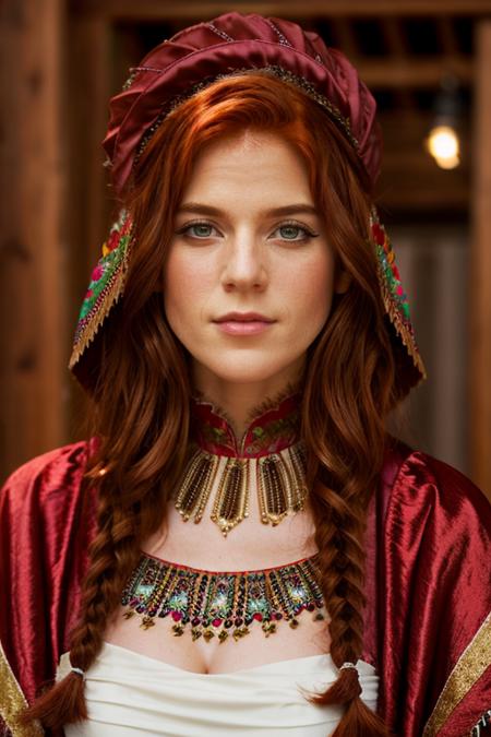 gypsy costume ,  island , evening <lora:Rose_Leslie:1> masterpiece, best quality, detailed face, a mature r1873l, 1girl, solo, red hair,
