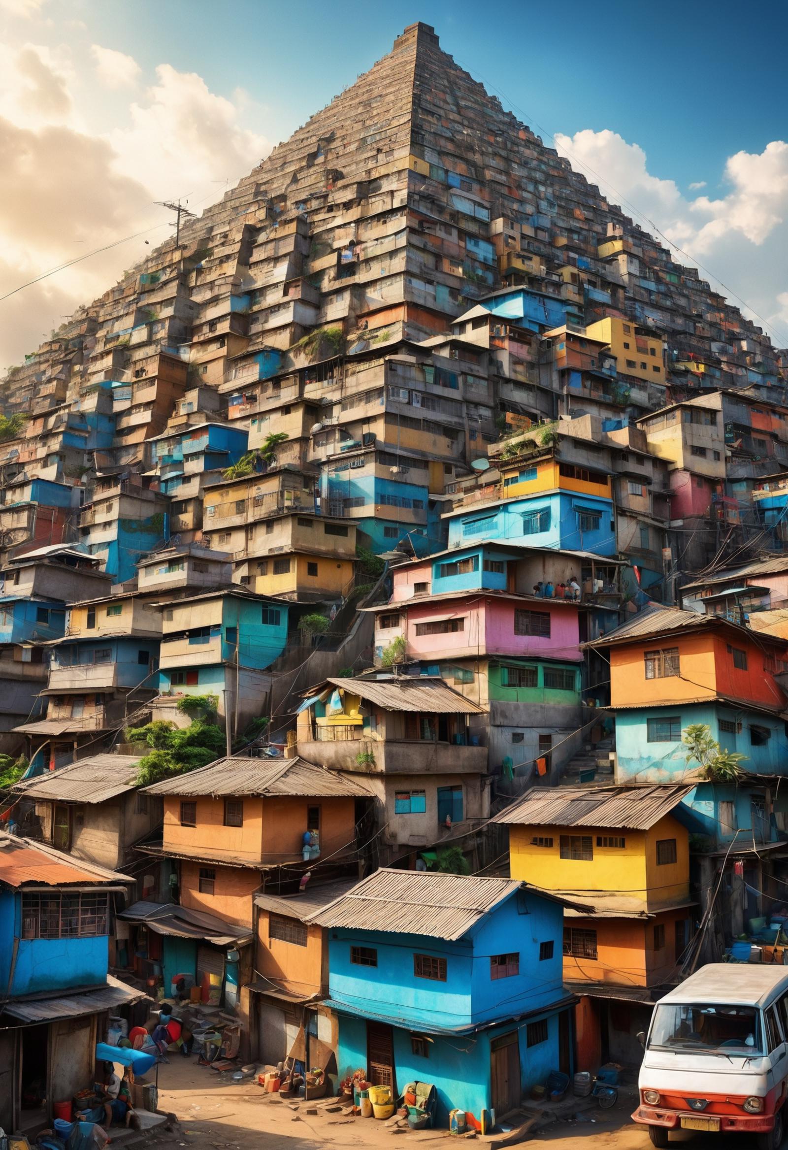 A large, colorful stack of houses with people on the roof.