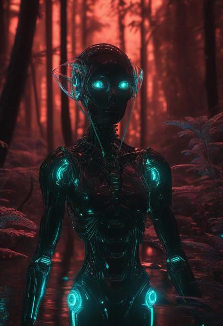 Ultrarealistic. sharp focus, dynamic lighting. play of light, reflection, refraction, Raytracing, Ultra detailed. Alien themed. Alien scenery. alien scenery background. alienworld. A gorgeous female robot in an alien forest. surrounded by ice.enchanting, cosmic, celestial, ethereal, vibrant flora, magical, luminous, serene, dreamy, radiant, bioluminescent, intricate details, surreal, enchanted forest