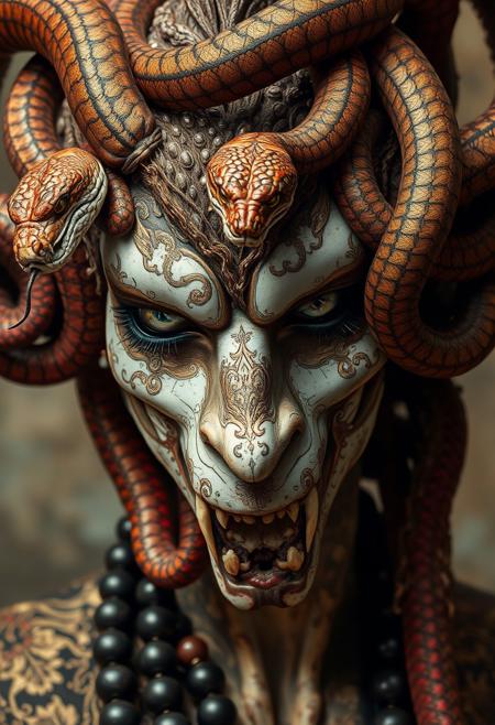 super close up shot of a Gorgon, snakes at the head, oriental damask ornaments, in the style of restrained palette, distressed materials, realistic color schemes, hieratic visionary, figura serpentinata, nicola samori, bold yet graceful , alexander McQueen fashion costume style, oil painting style