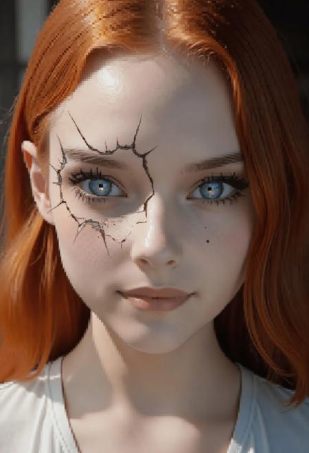A stunning portrait of a Sleek ginger woman with striking blue eyes, soft natural lighting, intricate skin details, delicate freckles, 85mm f/1.4 DSLR photography, realistic depth of field, cinematic composition, HDR, ultra-sharp focus. Breaking the fourth wall theme.  Cracked vision as if someone has beaten the camera lens. Trying to break through the invisible barriers between realities in order to get to viewer, cracked but still fully on her own side. 