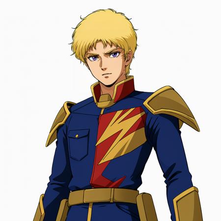 glemy_toto,1boy, glemy_toto,1boy, solo,short hair,blonde hair,purple eyes,(aged down:1.4), military uniform,shoulder armor,blue jacket,long sleeves,zeon, belt,holster,pants, brown footwear,boots,