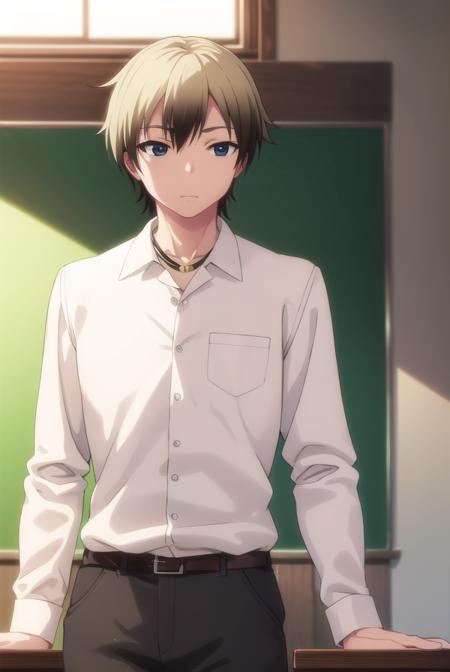 kodakahasegawa, <lora:kodaka hasegawa s2-lora-nochekaiser:1>,
kodaka hasegawa, blonde hair, male focus, multicolored hair, two-tone hair, (black eyes:1.3),
BREAK shirt, jewelry, school uniform, belt, necklace, pants, green pants, white shirt, long sleeves, collared shirt,
BREAK indoors, classroom,
BREAK looking at viewer, (cowboy shot:1.5),
BREAK <lyco:GoodHands-beta2:1>, (masterpiece:1.2), best quality, high resolution, unity 8k wallpaper, (illustration:0.8), (beautiful detailed eyes:1.6), extremely detailed face, perfect lighting, extremely detailed CG, (perfect hands, perfect anatomy),