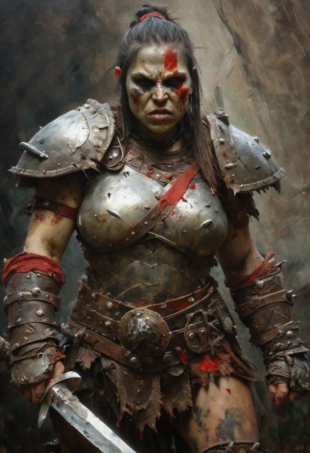 Berserker female orc Gladiator, masterpiece painted in the style of Anders Zorn | Marco Mazzoni | Yuri Ivanovich, oil on canvas