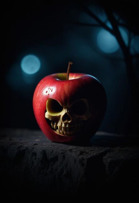 Mysterious Horror Apple in Dark Atmosphere, haunting representation of a common fruit, evoking feelings of unease and dread in a dark and foreboding environment., skullface on apple, pixar, horror, fauve, kurasov, 8k, wide angle, photography, bokeh, nikon lens, 64 megapixels sharp focus