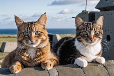 Closeup 2 cats a sitting in a German flack,  Atlantic wall