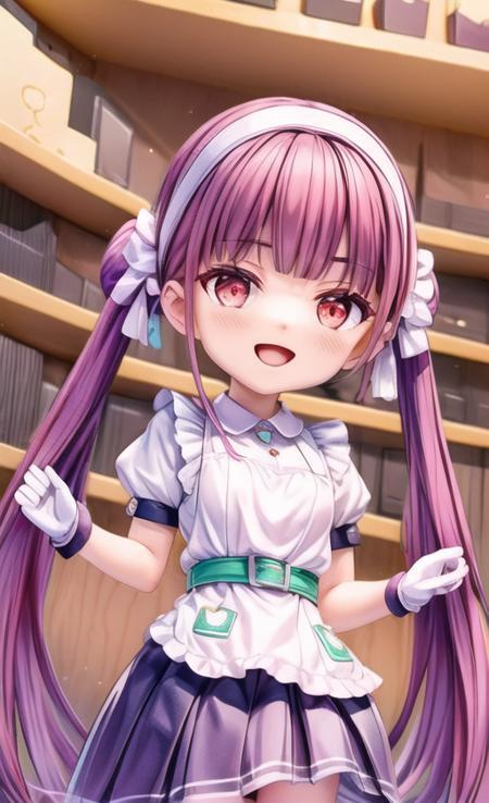 ((best quality)), ((masterpiece)), (detailed), masterpiece, best quality, ultra-detailed, illustration, finely detail, extremely detailed CG unity 8k, highres, beautiful detailed eyes, finely detail, beautiful detailed eyes,smile, weapon shop,
1girl, solo, long hair, twintails, red eyes, open mouth, purple hair, weapon, hairband, skirt, belt, gloves, apron <lora:add_detail:1>, <lora:blindbox_v1_mix:1.5> full body, chibi,