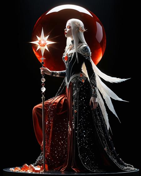 wizard casting a spell, blood red lips, inhuman, star, outlandish, science fiction, full body, bright star, sunlight shining through gemstone of semi-precious stone, SUNSTONE, Kay Nielsen, transparency, volumetric lighting, prismatic effect, black background, <lora:add-detail-xl:1.0>