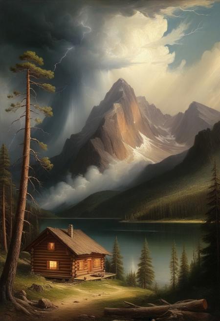 Masterpiece, high-resolution, oil painting, tall mountains, pine forest, log cabin, lake, large thunderstorm clouds in the distance