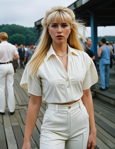 RAW full body analogue photo of a beautiful 25 years old woman, clear focus, high resolution image, (Platinum-blonde Viking woman),  ,wearing flared pants with tucked-in blouse, (Soft Mullet with Choppy Micro Bangs hairstyle:1.6),,photo Fantasy art combining the styles of Boris Vellejo and Luis Royo,Photorealistic, real photo, god rays, 1girl, 21yo,realistic, ,Sexy pose, erotic pose, exhibitionism, ,ghostly carnival on an abandoned pier with phantom attractions and mysterious ambiance