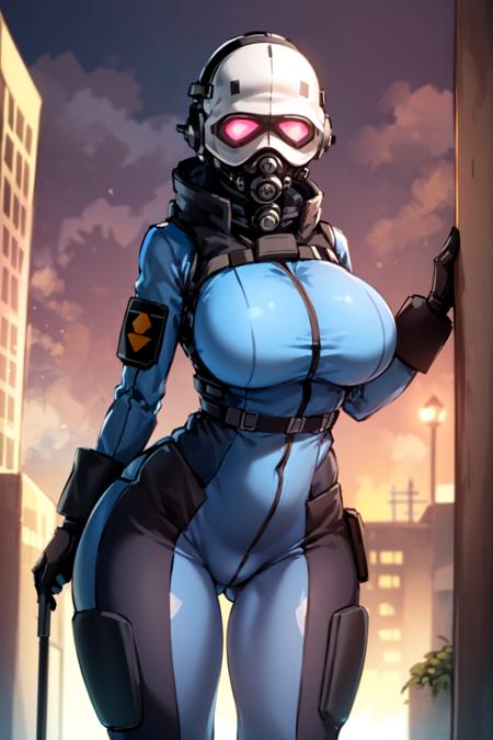 combine soldier, 1girl, solo, standing, helmet, gloves, looking at viewer, facing viewer, military, science fiction, city, russia, gas mask, breasts, wide hips