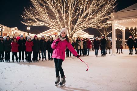 In the heart of a small town nestled amidst snow-cloaked mountains, a girl named Lily awaited the arrival of Christmas with uncontainable excitement. The town square had transformed into a winter wonderland, adorned with twinkling lights and a glistening ice rink.
BREAK
Lily's eyes sparkled as she watched the first snowflakes of the season dance through the air. With her scarf snug around her neck and her red mittens on, she dashed to the rink, her ice skates slung over her shoulder. Her cheeks flushed pink with anticipation, her breath forming tiny clouds in the frosty air.
BREAK
As she laced up her skates, her heart thrummed with joy. The ice beneath her blades was a pristine canvas, waiting for her to leave behind the graceful strokes of her movements. With a tentative step, she glided onto the ice, her laughter ringing out into the wintry air, Porta 160 color.
BREAK
analog photo shot on ARRI ALEXA 65, bokeh, sharp focus on subject, shot by Bunny Yeager