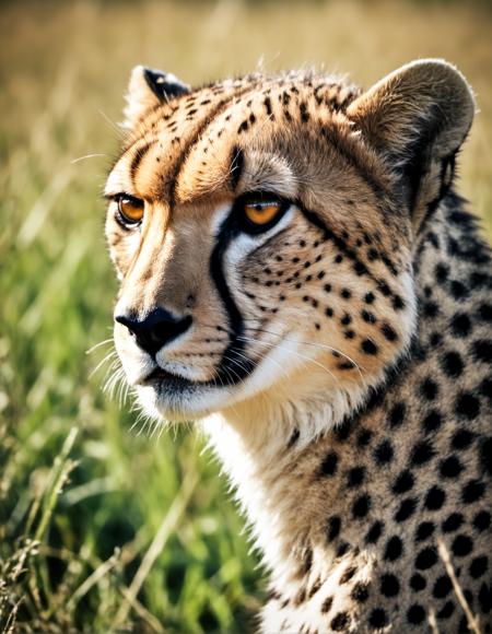 close up shot Cheetah in the prairies, Kodak Vision3 500T Film Stock Footage Style, faded film, desaturated, 35mm photo, grainy, vignette, vintage, Kodachrome, Lomography, stained, highly detailed, found footage, side view