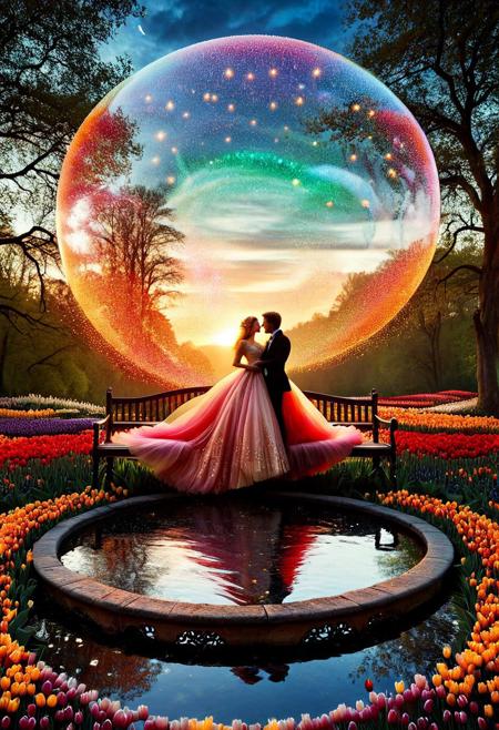 Delicate crystal sphere captures fleeting perfection idyllic scene - lovers entwined passionately on rustic iron bench perched edge tranquil pond mirroring amber hues painting sky fiery horizon sinking beyond treetops silhouetted majestic backdrop. Couple seems suspended animation timeless bubble preserved beauty found rare moments stolen amidst chaos everyday routine. Her flowing gown diaphanous silk whispers breeze-kissed petals flower garden surrounding them. His arm draped possessively around slender waist pulls closer pressing curves melding contours perfectly aligned destiny decreed.
Soft rosy blush stains cheeks flushed exhilaration electricity sparking glances exchanged loaded meanings secrets whispered lips brushing teasingly. Fingertips trace delicate collarbone neckline trailing feather-light touch igniting fires smoldering depths emerald eyes locked magnetic pull defying gravity forces separating. World falls away leaving sole occupants vast stage set enchantment fairytale ending written stars themselves.
concept-art, adventure, characters, fantasy, whimsy, dreaminess, colorful, digital, illustration, magic, 
beautiful, painterly, detailed, textural, artistic, aesthetic, rich details, 
intricate details, highly detailed, ultra-detailed, absurdres, vivid, vibrant, volumetric lighting, 
jaynl-tm, made of tulips, aid291, midjourneyv6.1, ais-particlez