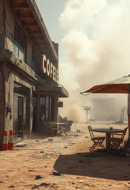 An exterior view of a futuristic, destroyed, lonely coffee shop, post apocalyptic barren planet, dry and dusty, parched surface, hot windy atmosphere, dust blowing, smoke, rising in the background, broken glass, decay