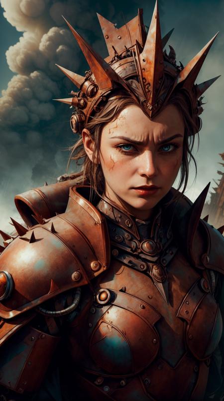 RAW Photo of worldofscrap portrait, solo, upper body, detailed background, detailed face, (victorian theme:1.1),  (angry battle-cry:0.8), dark death knight, unholy, red clothes, spiked armor, cape, evil royal spiked crown,  floating particles, rocks, monsters in background, <lora:LightingVFX:0.2>, lightning in background, misty dark sinister atmosphere, stormclouds, , corroded, broken, junker <lora:WorldofScrap:1><lora:add_detail:0.6> <lora:LowRa:0.2>, (Masterpiece:1.3) (best quality:1.2) (high quality:1.1), details,high quality,cinematic lighting,depth of field,particle effects,80mm F1.9 lens,Masterpiece,concept art,complementary colors,analog style
