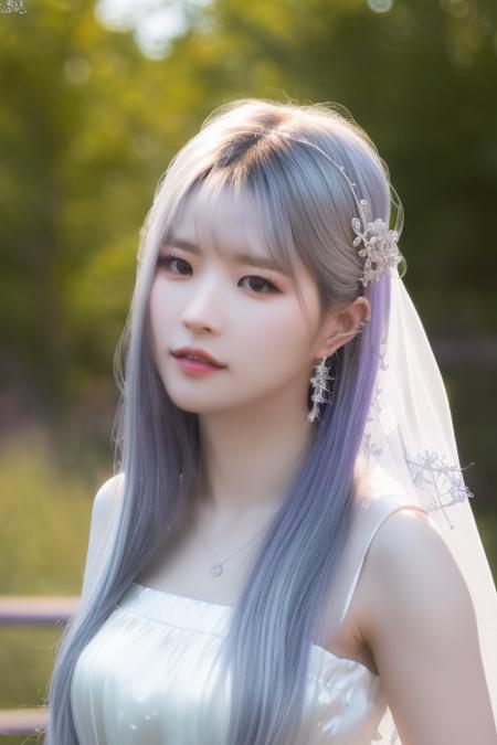 <lora:fromisHayoungV2:1>,Hayoung,(close-up photo:1.3),(silver white hair:1.2),(pov:1.1),korean, woman, complex 3d render ultra detailed, portrait of beautiful woman, moody portrait, striking features, beauty, intricate details, dramatic composition, tension, contrast, texture, realism, high-quality rendering, stunning art, high quality, film grain, Fujifilm XT3,swirly bokeh,(realistic, photo-realistic:1.4),RAW photo,physically-based rendering,(looking at viewer:1.4),(8k, best quality, masterpiece:1.2),(full body shot:1.1),octane render,extremely detailed CG, unity 8k wallpaper,(studio soft light, rim light,in forest,sunlight:1.2),standing,(a girl is wearing wedding dress:1.5),hyper realistic detail shiny skin,ultra detailed,(ultra realistic:1.5),(intricate:1.2),(photorealistic:1.4),1girl,(skinny:1.3),detailed background