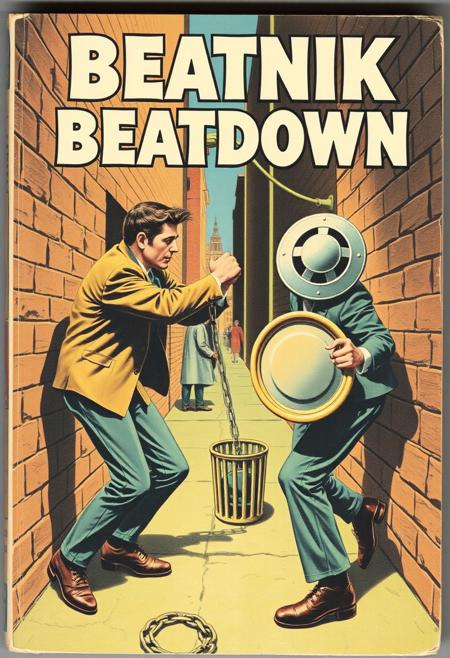 Paperback book, "Beatnik Beatdown" a1950's softcover book featuring two beatniks fighting in an alleyway, one with a chain, the other using a trash-can lid as a shield,