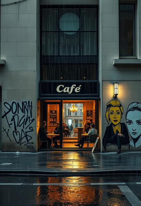 rainy deserted street, entrance to the cafe, people at the tables, cozy evening,
hyperrealistic graffiti, modernist minimalism, contemplative figures, urban surrealism, bold composition, muted color palette with graphic accents, stylized realism, narrative symbolism, soft textures contrasted with street art edge, emotional stillness, layered spatial design, fine lines with architectural structure