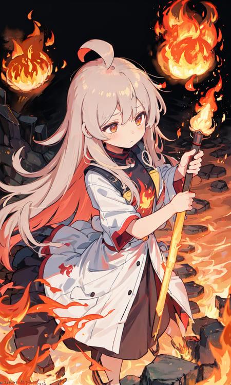 1girl, bangs, breathing fire, burning, burnt clothes, embers, ahoge, beige hair, multicolored hair, fire, flame, flaming sword, (hand on hilt), standing, long hair,  pyrokinesis, expressionless, smoke, flower\(symbol\),  solo, sparks, sunset, twilight, white flower, molten rock, lily \(flower\),  fiery flower, depth of field, burning ,