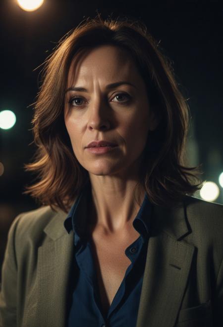 night photo, cinematic photo of a 47 y.o. woman, perfect lighting, vibrant, high detailed, epic, movie still, film grain