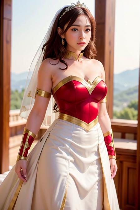 <lora:betterCuteAsian03:0.3>, (wearing white wedding princess dress, big wedding skirt:1.2),(wearing red and gold wonder_woman_cosplay_outfit:1.2), sunset,
good hand,4k, high-res, masterpiece, best quality, head:1.3,((Hasselblad photography)), finely detailed skin, sharp focus, (cinematic lighting), night, soft lighting, dynamic angle, [:(detailed face:1.2):0.2], medium breasts, outside,   <lyco:wonder_woman_wedding_dress09:0.35>