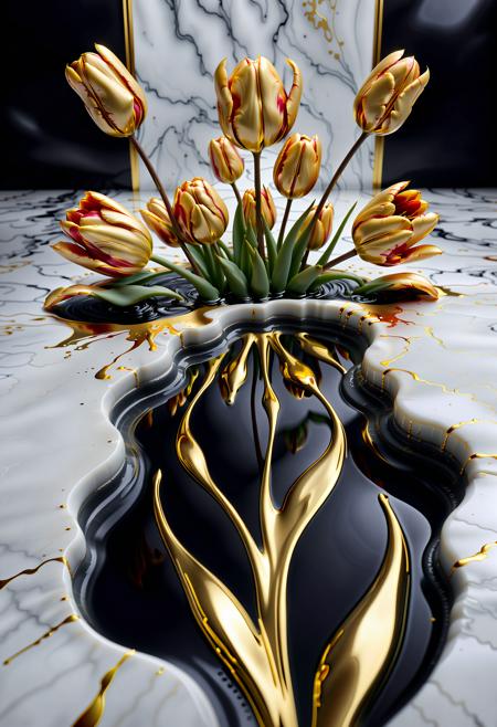 Liquid Marble floor, detailed, ultrarealistic, gold dripping, liquid marble tulips,
