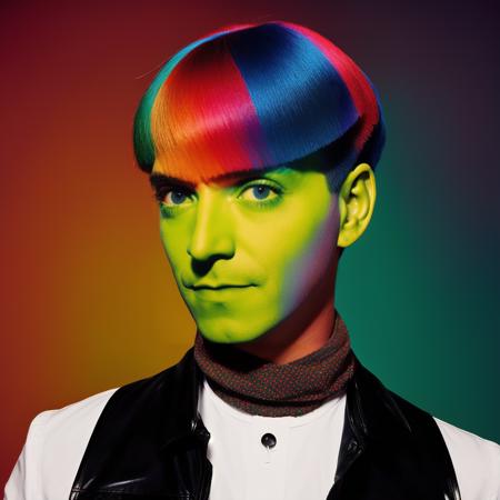 analog style, modelshoot style, portrait of sks man by Flora Borsi, style by Flora Borsi, bold, bright colours, rainbow Mohawk haircut, ((Flora Borsi)) <lora:carlitos:1>