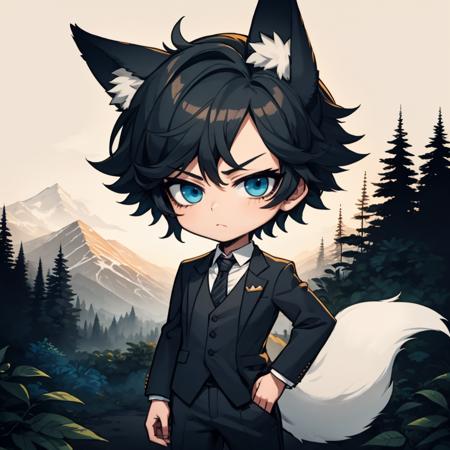 1boy, solo, detailed face, detailed eyes, masculine face, black hair, wild and messy hair, blue eyes, black waistcoat, black blazer, trousers, fox ears, fox tail, rose garden scenery, morning, ink, (sfw), chibi, <lora:Ink scenery:0.8>