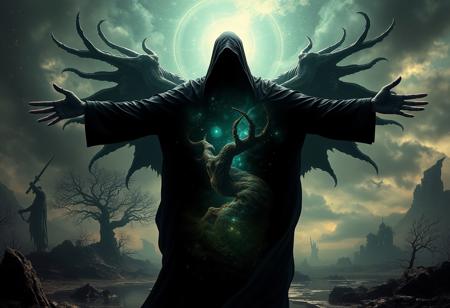 A universe inside a dark cloaked figure within mysterious landscape in an unfathomable realm of fantastic creation inhabited by ancient shadows of a forgotten time beyond the gate of the gateless gate where life is limitless, light is shadow and shadow is light, eerie sense, horror, spark of the beginning, existence and nonexistence at once, ethereal, outstretched arms, behold the end of the beginning, inglorious glory to the dark one, betrayal of the ancient order, beware the 7headed beast, destroyer of the old ways, bearer of the unbearable, nightmarish, archaic runes, tree aging backwards, breath of the gods, ruins of a place unimagined, extreme intricate detail, photorealistic, beyond epic scene, fate discarded, unseeable face of god, the end is the beginning, the beginning is the end, man arises as god dies, as above so below, as below so above, emerald tablet, thoth, guardian and saboteur of existence, hopeless hope, ghosts of the unborn, conception of the inconceivable, cosmic well of imperceptible perception, evil aura, infinite emptiness, pillars of void, overwhelming subtlety, abstract sacred geometry, beams of readiness without intention, gift of doom, despair of the ages, hidden secret warnings from dead gods, hand carved by the conductor of unholy loneliness with the sands of time incarnate
