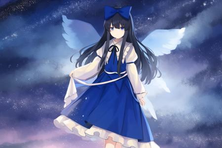 masterpiece, best quality,star sapphire, touhou,long hair,black hair,hime cut,blue hair bow,blue dress with star,standing,starry sky,wings, <lora:star-000015:0.75>