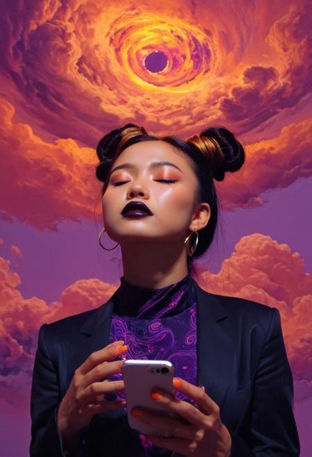 This is a digital art piece with a vivid, surreal color palette dominated by deep purples, oranges, and pinks, creating an otherworldly, dreamlike atmosphere. The subject is a young woman of Asian descent, standing against a backdrop of swirling, cotton-candy pink and orange clouds that appear to be part of a surreal sky. She has a light to medium skin tone, with her hair styled in two high buns on top of her head. Her eyes are closed, giving an impression of deep concentration or contemplation. She wears large, silver hoop earrings and dark lipstick, which contrasts sharply with her pale skin and the vibrant background.
She is dressed in a dark, fitted blazer over a high-necked, intricately patterned blouse in shades of red and gold, which adds to the surreal, almost ethereal quality of the image. Her hands, with neatly manicured nails, are holding a smartphone, which she is looking at intently. The lighting creates dramatic, moody shadows and highlights, emphasizing the surreal, almost psychedelic quality of the artwork. The large, glowing sun behind her head, a bright orange orb, contributes to the overall dreamy, fantastical atmosphere of the image.