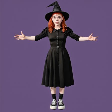 <lora:Everly_Heights_Character_Maker_Pony_XL:1> t-pose, Teen Witch with red hair wearing a black dress pointed hat and sneakers