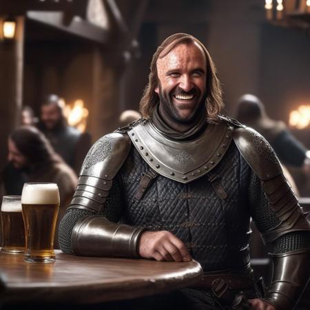 SandorClegane1024, laughing, drinking a beer in a mediaval tavern, waitress, detailed eyes, photography, trending on artstation, sharp focus, studio photo, intricate details, highly detailed, by greg rutkowski   <lora:SandorClegane1024-000067:0.9>