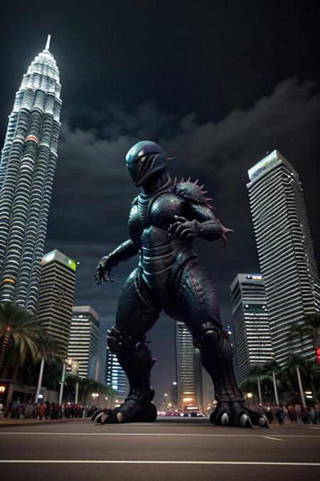 cinematic film still of  <lora:xenomorph style SD1.5:1>
Godzilla, blue fins, full body, side view, ,solo,open mouth,teeth,tongue,,blurry background,fangs,sharp teeth,monster , horror themed, dark themed, cinematic, film still, xenomorph style, shallow depth of field, vignette, highly detailed, high budget, bokeh, cinemascope, moody, epic, gorgeous, background KLCC, Malaysia Street, crowd running, panic,