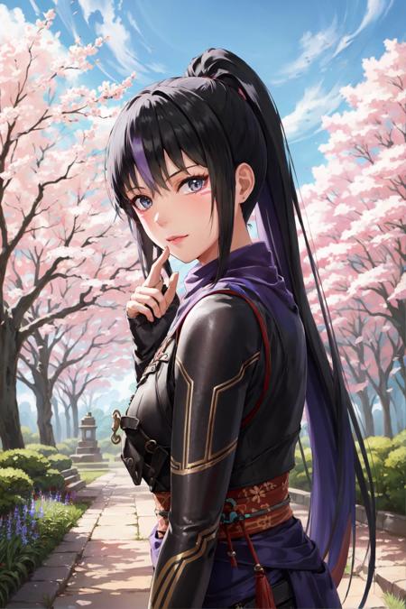 kunidefault, 1girl, solo, looking at viewer, cowboy shot, upper body, temple, garden, sakura tree, (masterpiece:1.2, best quality)