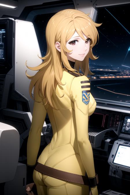 MoriYuki blonde hair, long hair, brown eyes MoriBodysuit, yellow bodysuit, belt MoriUniform, white gloves, military uniform, brown jacket, ascot, belt