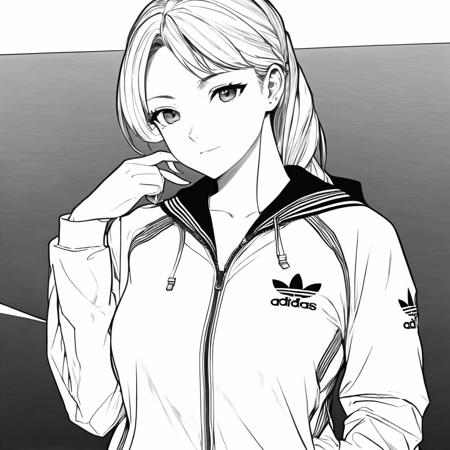 best quality, anime, lady in unzipped Adidas tracksuit, polo shirt, outdoors, touching head, (lineart), manga, (monochrome), black and white, (colorless) 
,Lineart, LineAniAF
,<lora:LineAniRedmondV2-Lineart-LineAniAF:1>