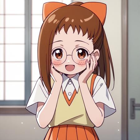 Hazuki1, 1girl, brown hair, ponytail, brown eyes, glasses, orange bow soft yellow waistcoat, short-sleeved collared white buttoned shirt pleated orange skirt socks brown shoes <lora:Hazuki1:1>