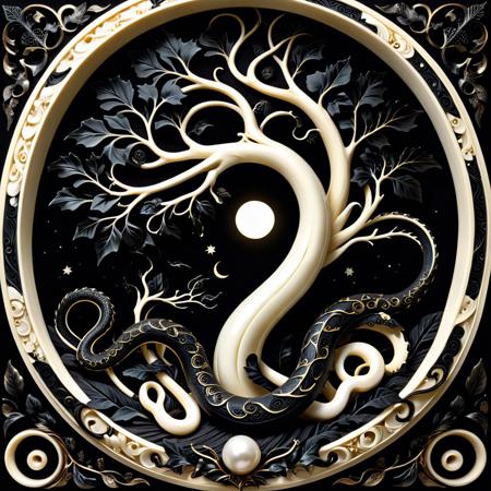 concept art  <lora:Ebony_and_Ivory_Scrimshaw_style_-_SDXL:1> ebony, and, ivory, world, a sinuous serpent, entirely composed of shimmering ivory, coils around the gnarled trunk of a colossal ebony tree, its scales catching the faint glow of unseen moonlight. Each scale is meticulously carved, resembling polished bone, smooth and ancient. The ebony tree is equally strikingâits twisted roots burrow into a soil darker than night, while its branches reach skyward, tangled in an intricate network of glossy black leaves. The serpentâs unblinking eyes reflect the contrast of its surroundings, one eye glowing softly like pearl, the other absorbing the darkness like ink. This creature is timeless, embodying the perfect harmony between shadow and light, coiled in eternal vigilance within its monochrome domain. . digital artwork, illustrative, painterly, matte painting, highly detailed