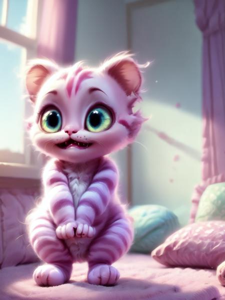 pink, striped, green eyes, small, full-length, day, room<lora:WarmCats:1>