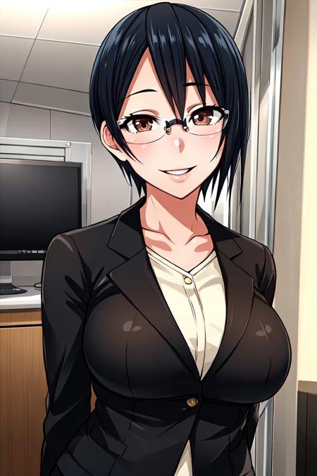 masterpiece, best quality, detailed face, detailed eyes, detailed lips, 1girl,  <lora:HUAndrea:0.5>, black hair, short hair, brown eyes, glasses, miniskirt, open jacket, blazer, large breasts, smile, indoors, office,