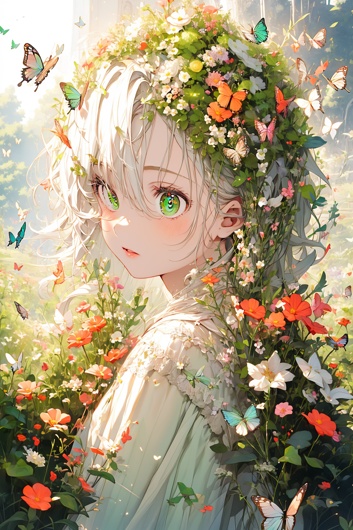 Illustration of a young girl with green eyes, surrounded by flowers and butterflies.