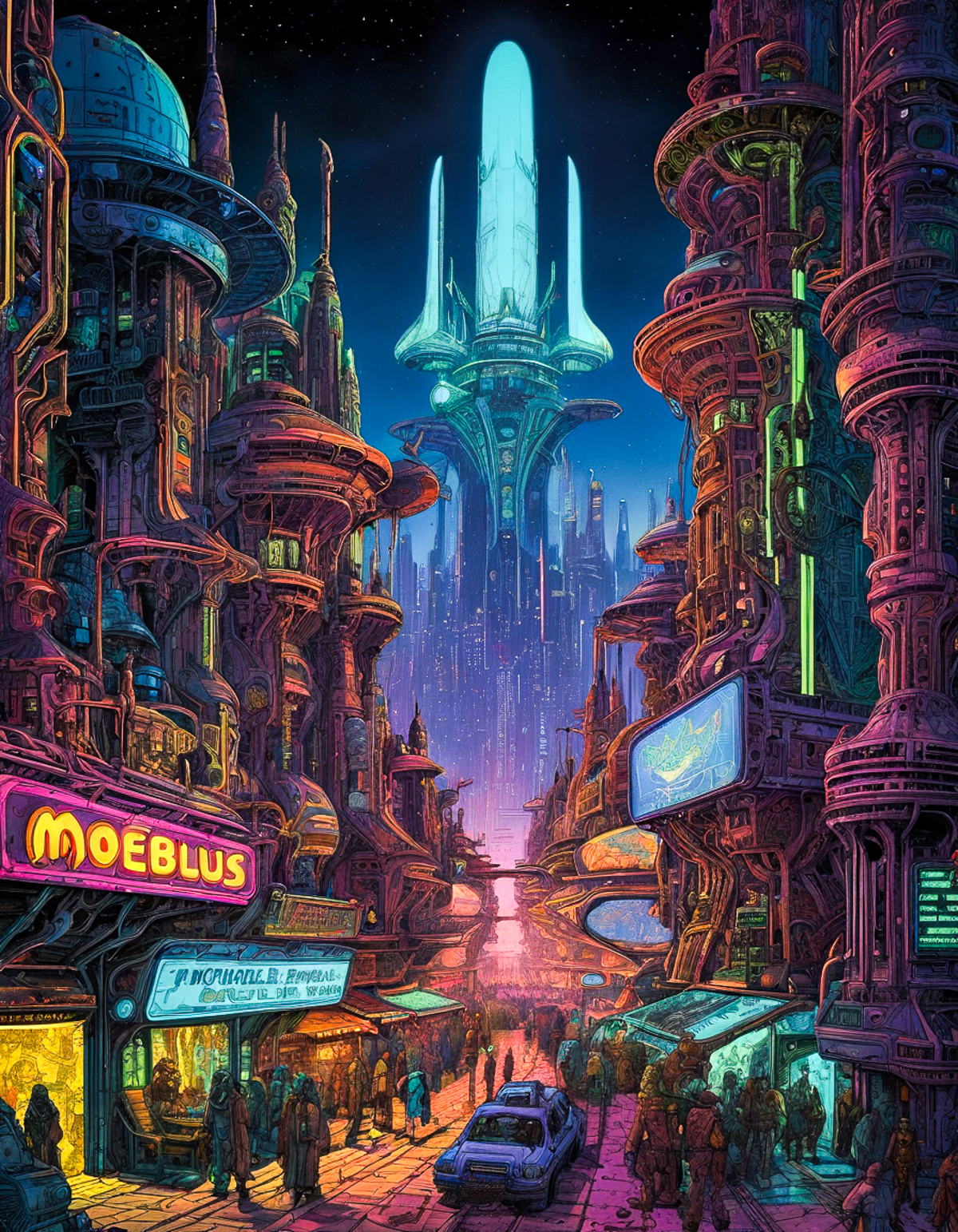 Futuristic cityscape with a neon sign that says "moeblous" and a group of people walking down the street.