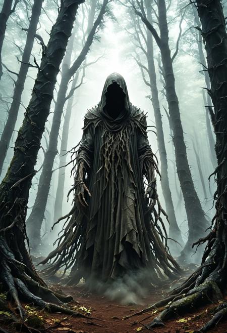 The man stands amidst a dense, dark forest, where the towering trees form a twisted, oppressive canopy overhead, their branches like skeletal fingers interwoven in an eternal grip. The ground is damp and riddled with ancient roots that seem to pulse, almost alive, as if guarding hidden secrets beneath the soil. Ghostly wisps of mist slither between the trees, wrapping around his tattered cloak, which flutters weakly, as if struggling against the stillness of the air. The scent of charred wood lingers, blending with the acrid odor of sulfur emanating from his scorched face. Shadows dance around him, flickering with the intensity of his ominous presence, filling the forest with an unsettling, relentless dread