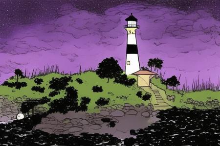 CavazzanoComics lighthouse, late at (night:1.4), purple sky <lora:CavazzanoStyle2:0.6>