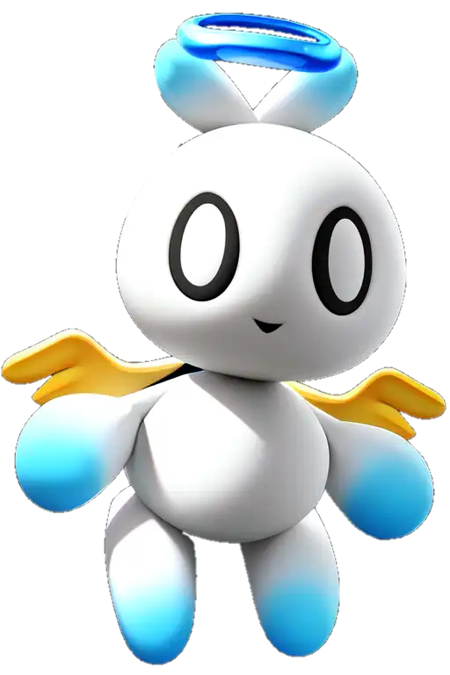Hero Chao, cute, round waterdrop-like heads, white eyes with black sclera, white skin with sky blue tips on their hands and feet, no nose, short tail, small angel wings, blue halo above its head, round torso
