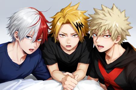 3boys, looking at viewer BREAK
<lora:todoroki_shouto_lora:0.5> 3boys, todoroki shouto\(boku no hero academia\), red hair, two-tone hair, heterochromia, split-color hair, short hair, blue eyes, hair between eyes, white hair, gray eyes BREAK
<lora:Kaminari_Denki_No_commercial_use_is_allowed_LoRA:0.5> 3boys, kaminari denki\(boku no hero academia\), bangs, short hair, blonde hair, multicolored hair, spiked hair, yellow eyes BREAK
 <lora:Bakugou_Katsuki_LoRA:0.5> 3boys, bakugou katsuki\(mha\), blonde hair, red eyes, spiked hair